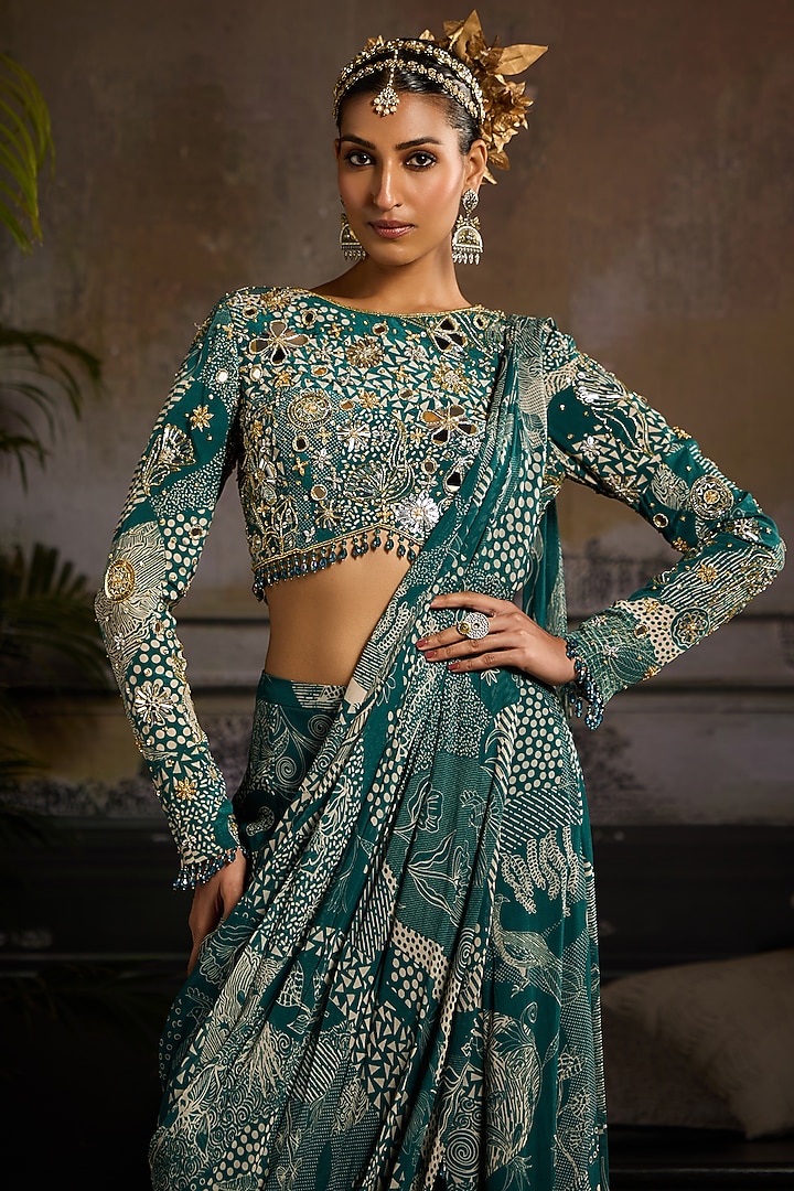 Teal Crepe & Georgette Abstract Jaal Printed Sharara Pant Wedding Saree Set by DiyaRajvvir at Pernia's Pop Up Shop