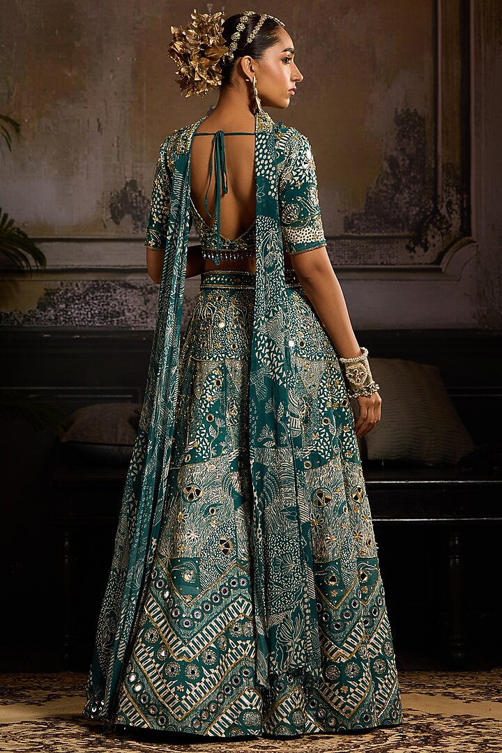 Teal Raw Silk & Crepe Abstract Jaal Printed Bridal Sharara Set by DiyaRajvvir at Pernia's Pop Up Shop