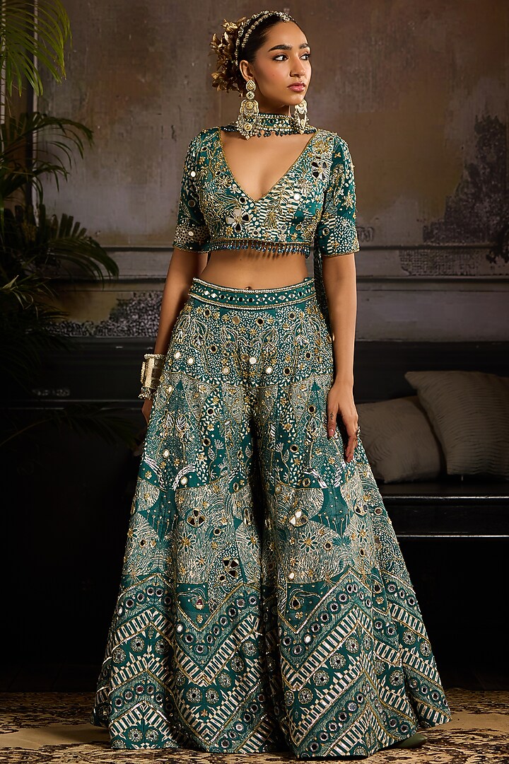 Teal Raw Silk & Crepe Abstract Jaal Printed Bridal Sharara Set by DiyaRajvvir at Pernia's Pop Up Shop