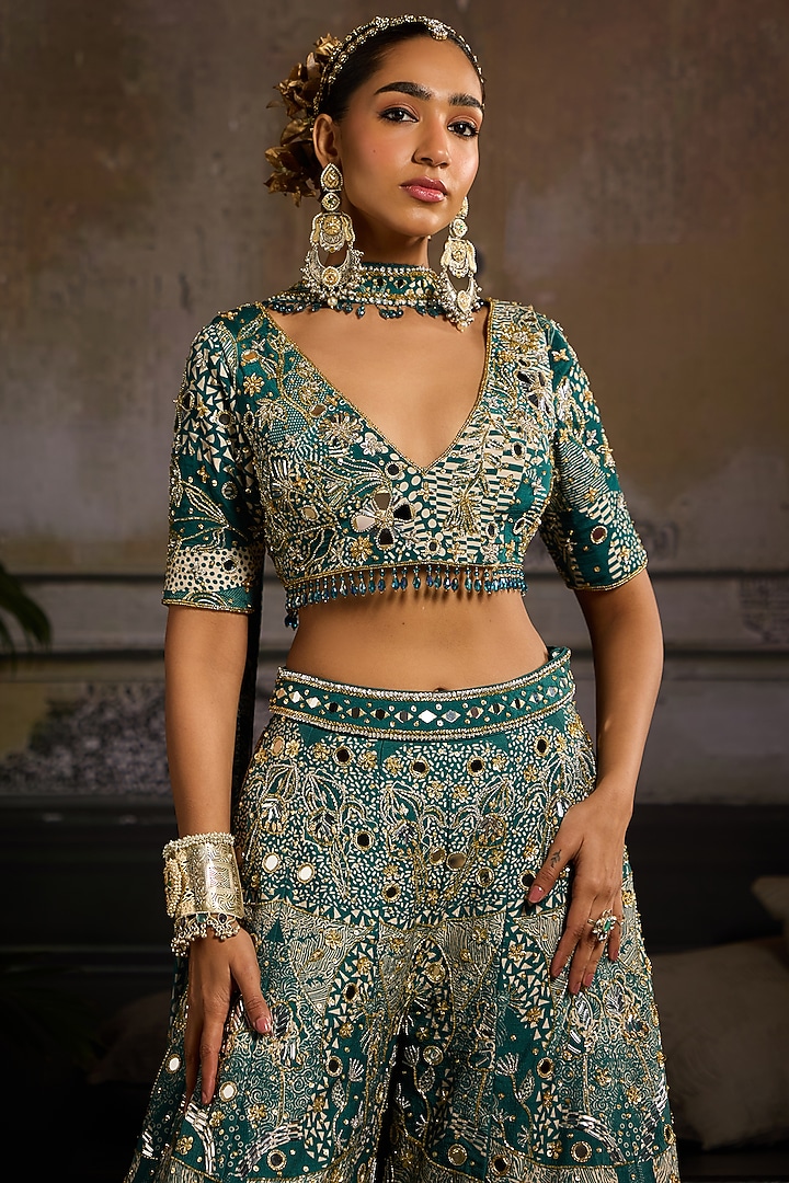 Teal Raw Silk & Crepe Abstract Jaal Printed Bridal Sharara Set by DiyaRajvvir at Pernia's Pop Up Shop