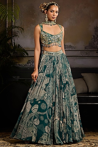 Teal Georgette & Crepe Abstract Jaal Printed Lehenga Set by DiyaRajvvir