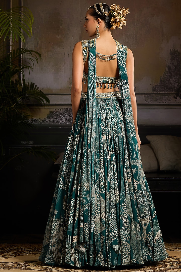 Teal Georgette & Crepe Abstract Jaal Printed Wedding Lehenga Set by DiyaRajvvir at Pernia's Pop Up Shop