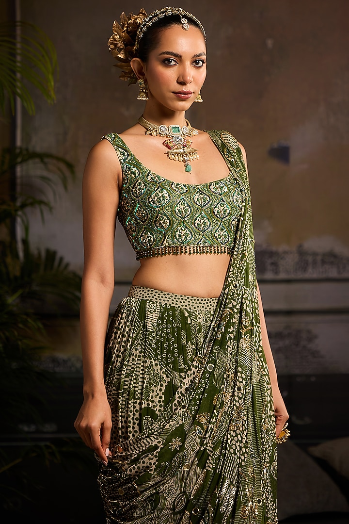 Sage Green Georgette & Crepe Leaf Printed Skirt Wedding Saree Set by DiyaRajvvir at Pernia's Pop Up Shop