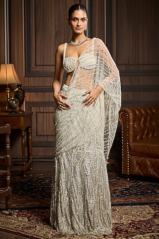 Silver Tulle Embellished Pre-Draped Skirt Saree Set by DiyaRajvvir