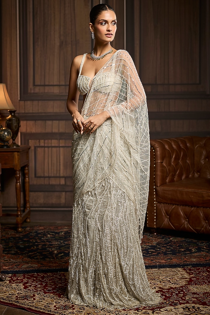 Silver Tulle Embellished Pre-Draped Skirt Reception Saree Set by DiyaRajvvir at Pernia's Pop Up Shop