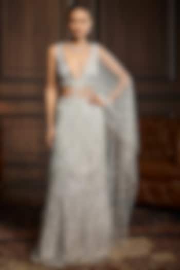 Silver Tulle Embellished Skirt Reception Saree Set by DiyaRajvvir at Pernia's Pop Up Shop
