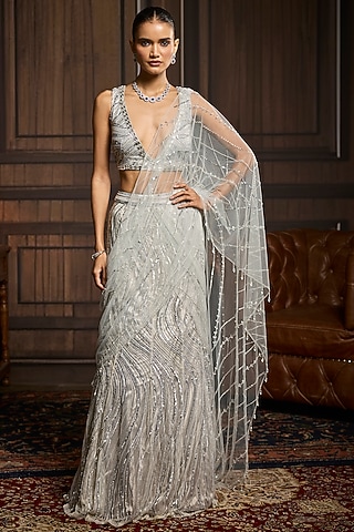 Silver Tulle Embellished Skirt Saree Set by DiyaRajvvir