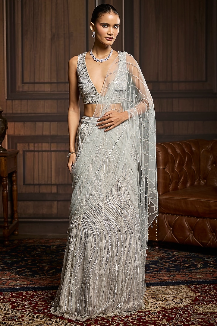 Silver Tulle Embellished Skirt Reception Saree Set by DiyaRajvvir at Pernia's Pop Up Shop