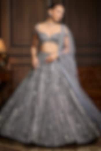 Gunmetal Tulle Mirror Embellished Bridal Lehenga Set by DiyaRajvvir at Pernia's Pop Up Shop