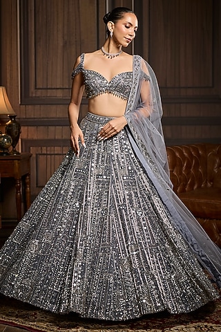 Gunmetal Tulle Mirror Embellished Lehenga Set by DiyaRajvvir
