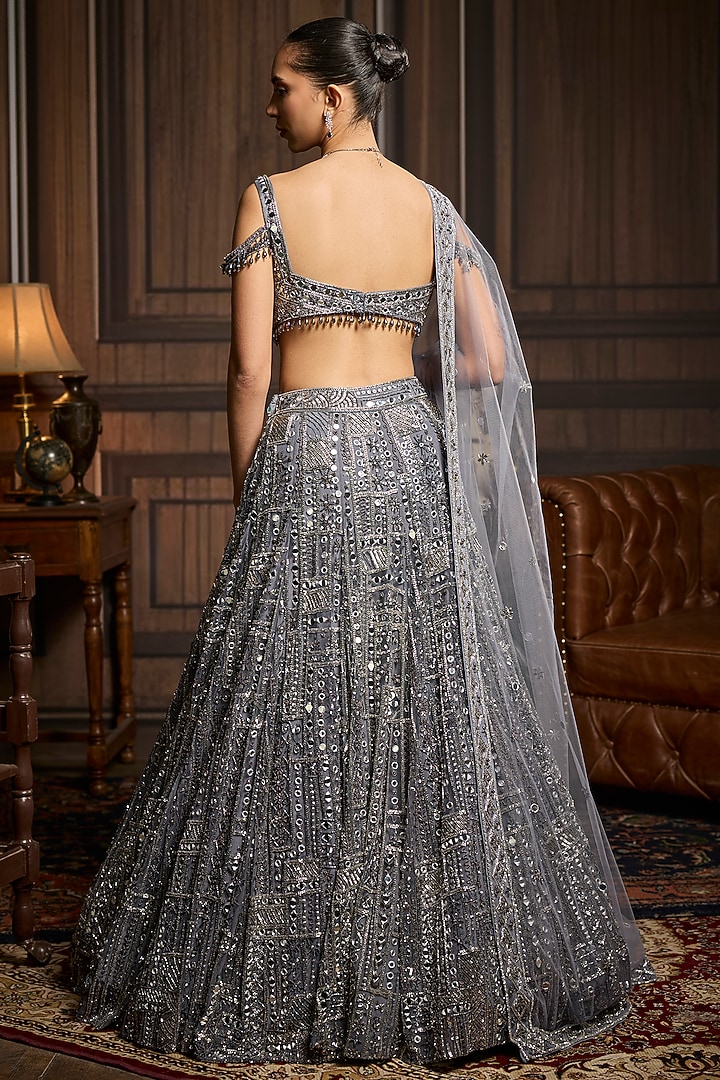 Gunmetal Tulle Mirror Embellished Bridal Lehenga Set by DiyaRajvvir at Pernia's Pop Up Shop