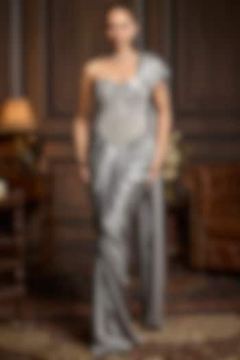 Gunmetal Grey Armani Satin Dhoti Skirt Wedding Saree Set by DiyaRajvvir at Pernia's Pop Up Shop