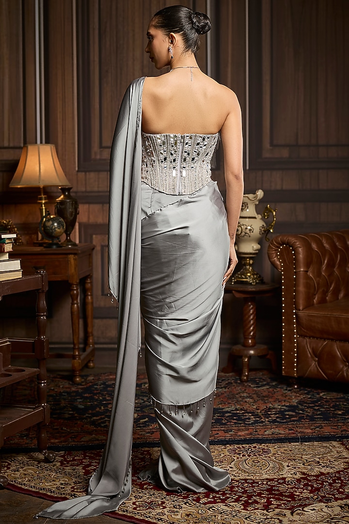 Gunmetal Grey Armani Satin Dhoti Skirt Wedding Saree Set by DiyaRajvvir at Pernia's Pop Up Shop