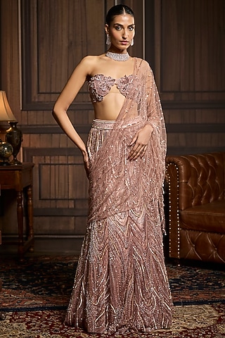 Blush Pink Tulle 3D Applique Embellished Skirt Saree Set by DiyaRajvvir