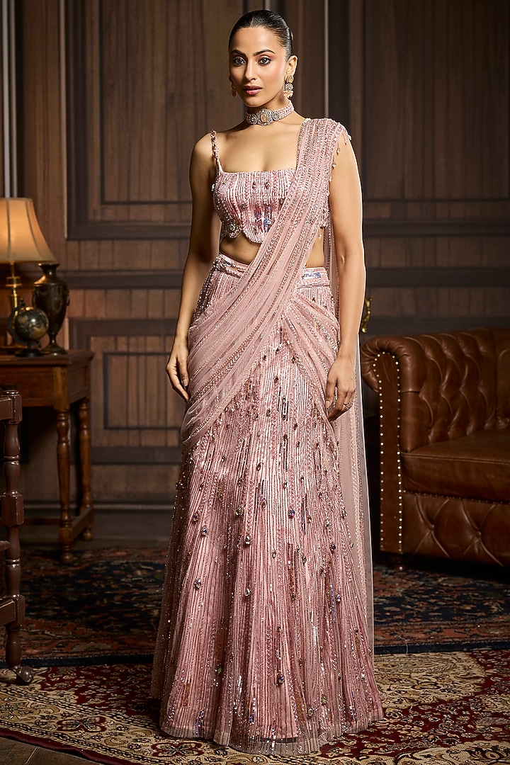 Blush Pink Tulle Embroidered Skirt Reception Saree Set by DiyaRajvvir at Pernia's Pop Up Shop