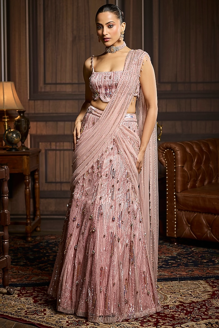 Blush Pink Tulle Embroidered Skirt Reception Saree Set by DiyaRajvvir at Pernia's Pop Up Shop