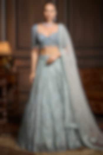 Ice Blue Tulle Embroidered Bridal Lehenga Set by DiyaRajvvir at Pernia's Pop Up Shop