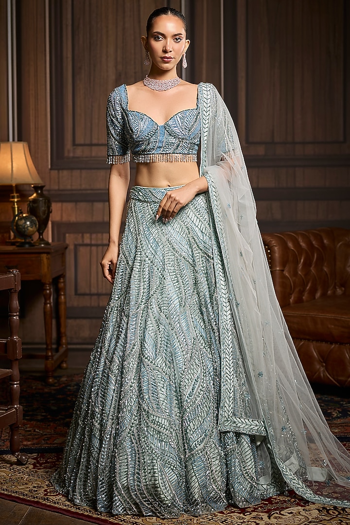 Ice Blue Tulle Embroidered Bridal Lehenga Set by DiyaRajvvir at Pernia's Pop Up Shop