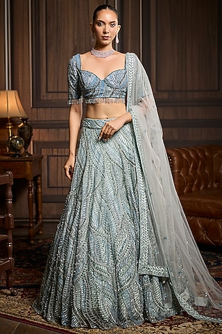 Ice Blue Tulle Embroidered Lehenga Set by DiyaRajvvir