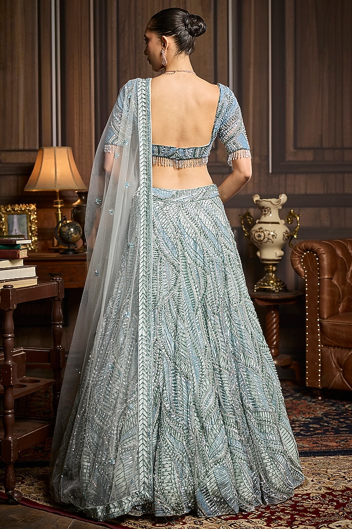 Ice Blue Tulle Embroidered Bridal Lehenga Set by DiyaRajvvir at Pernia's Pop Up Shop