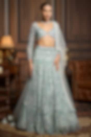 Ice Blue Tulle Embellished Bridal Lehenga Set by DiyaRajvvir at Pernia's Pop Up Shop