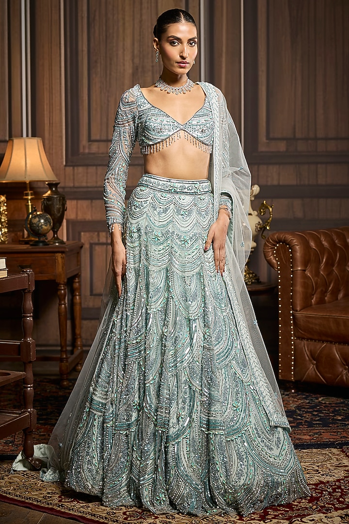 Ice Blue Tulle Embellished Bridal Lehenga Set by DiyaRajvvir at Pernia's Pop Up Shop