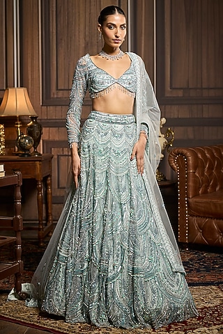 Ice Blue Tulle Embellished Lehenga Set by DiyaRajvvir