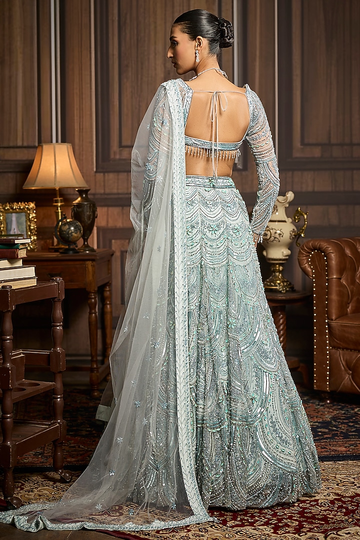 Ice Blue Tulle Embellished Bridal Lehenga Set by DiyaRajvvir at Pernia's Pop Up Shop