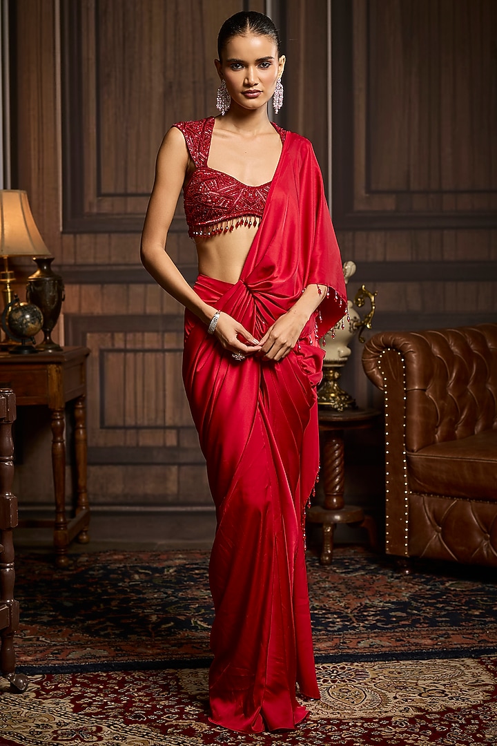 Vermillion Red Armani Satin Dhoti Skirt Wedding Saree Set by DiyaRajvvir at Pernia's Pop Up Shop