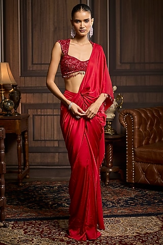 Vermillion Red Armani Satin Dhoti Skirt Saree Set by DiyaRajvvir