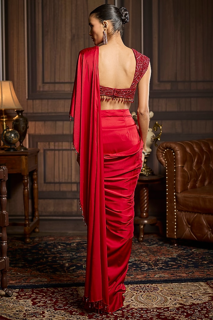 Vermillion Red Armani Satin Dhoti Skirt Wedding Saree Set by DiyaRajvvir at Pernia's Pop Up Shop