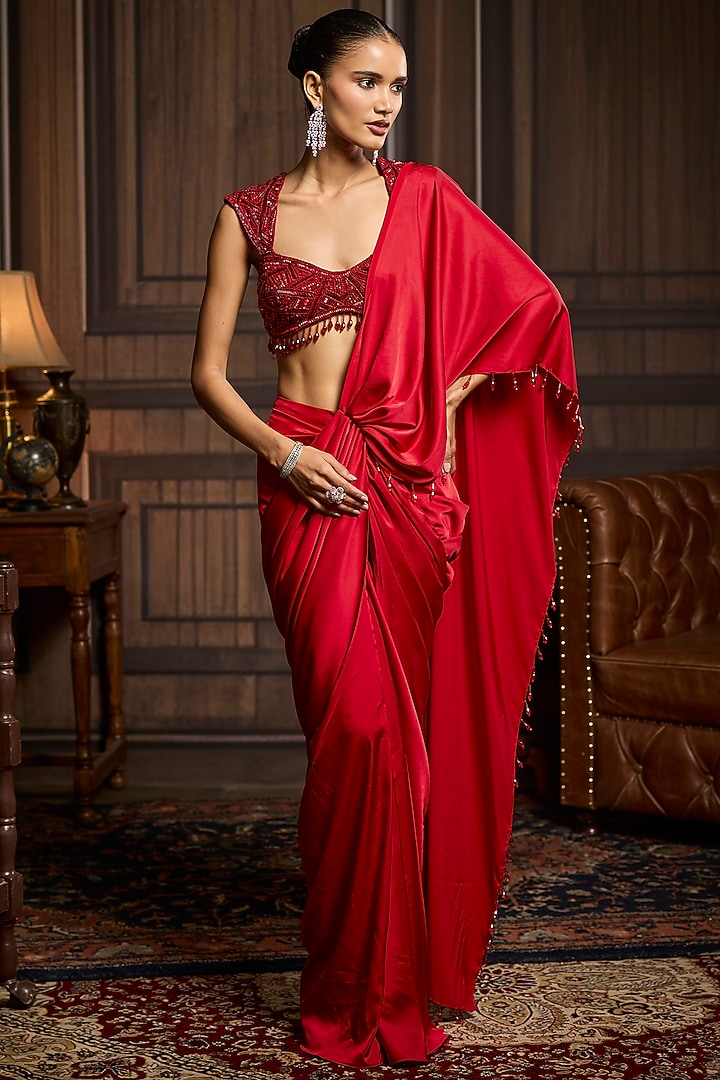 Vermillion Red Armani Satin Dhoti Skirt Wedding Saree Set by DiyaRajvvir at Pernia's Pop Up Shop