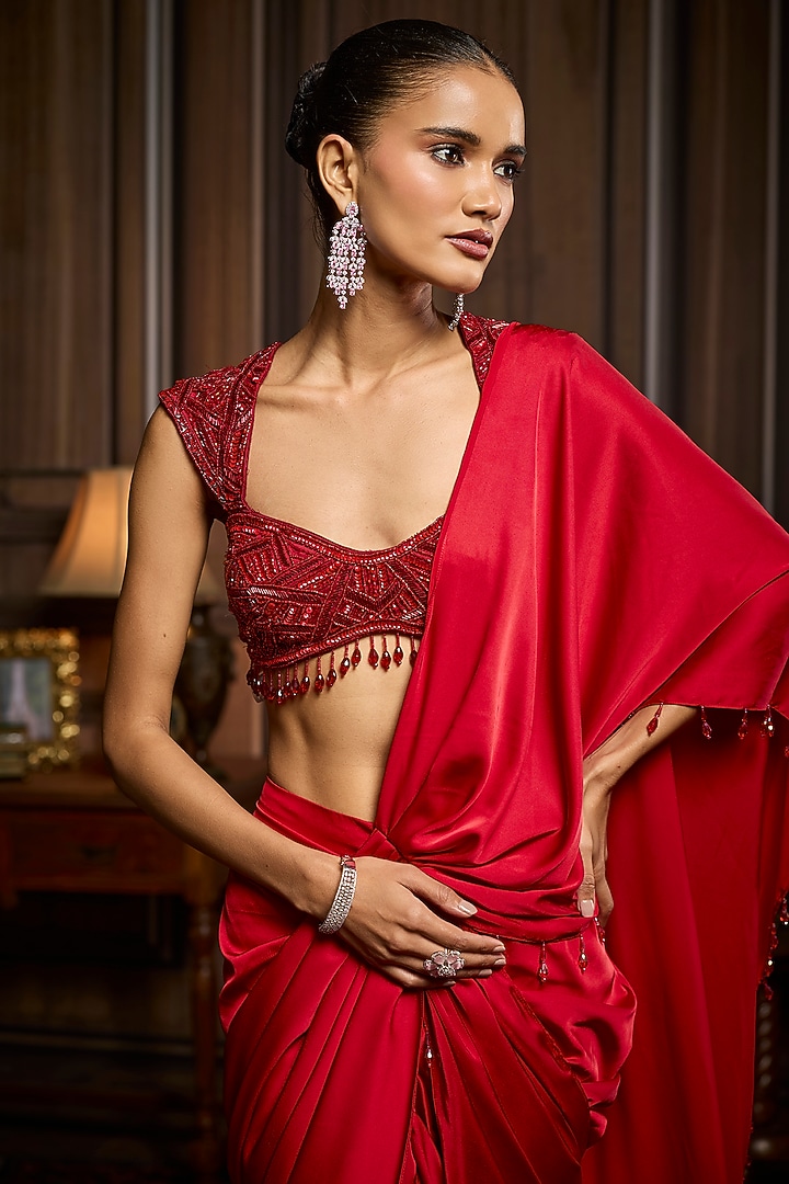 Vermillion Red Armani Satin Dhoti Skirt Wedding Saree Set by DiyaRajvvir at Pernia's Pop Up Shop