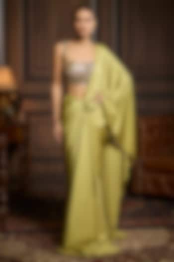 Sage Green Armani Satin Pre-Draped Wedding Saree Set by DiyaRajvvir at Pernia's Pop Up Shop