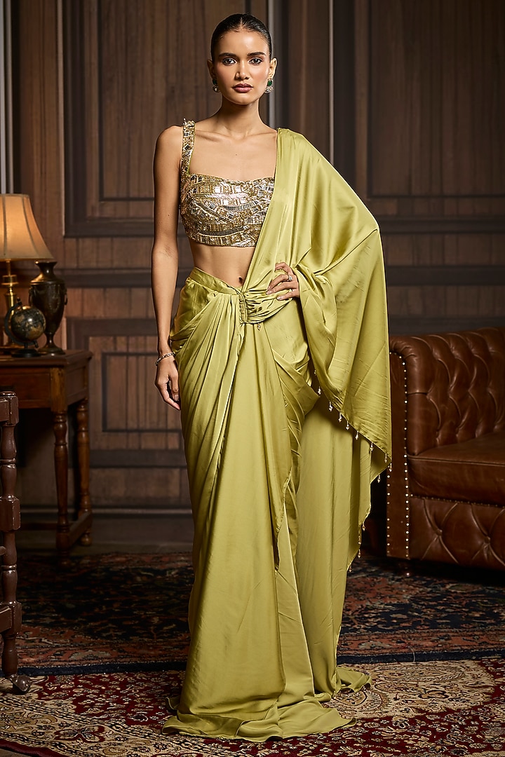 Sage Green Armani Satin Pre-Draped Wedding Saree Set by DiyaRajvvir at Pernia's Pop Up Shop