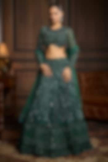 Emerald Green Tulle Embellished Bridal Lehenga Set by DiyaRajvvir at Pernia's Pop Up Shop