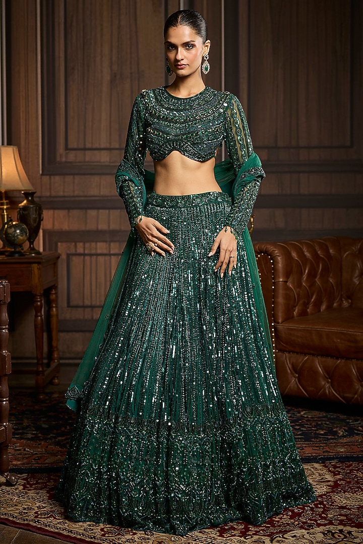 Emerald Green Tulle Embellished Bridal Lehenga Set by DiyaRajvvir at Pernia's Pop Up Shop