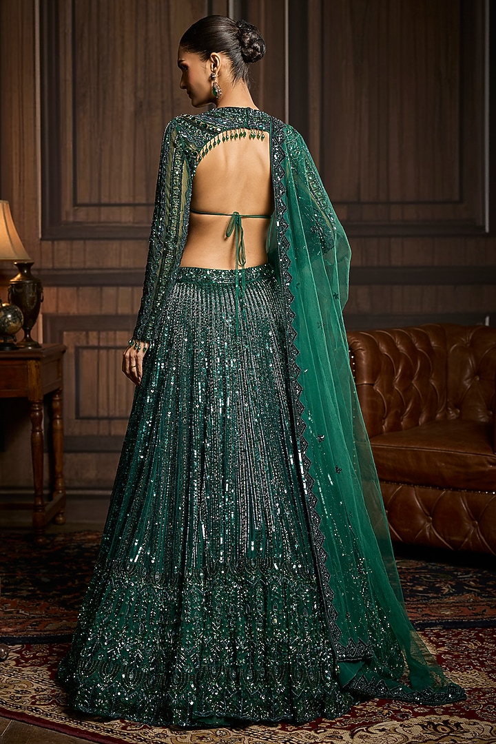 Emerald Green Tulle Embellished Bridal Lehenga Set by DiyaRajvvir at Pernia's Pop Up Shop