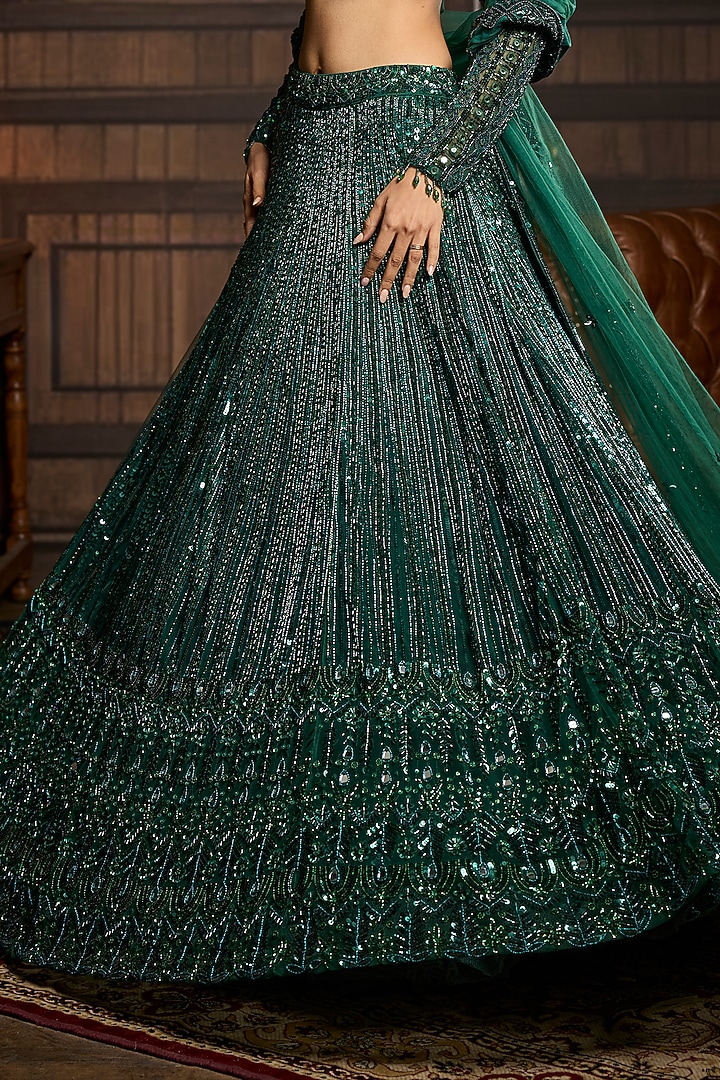 Emerald Green Tulle Embellished Bridal Lehenga Set by DiyaRajvvir at Pernia's Pop Up Shop
