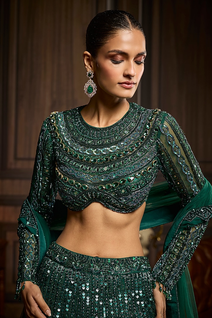 Emerald Green Tulle Embellished Bridal Lehenga Set by DiyaRajvvir at Pernia's Pop Up Shop