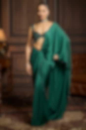 Emerald Green Armani Satin Dhoti Skirt Wedding Saree Set by DiyaRajvvir at Pernia's Pop Up Shop