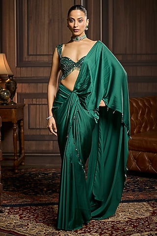 Emerald Green Armani Satin Dhoti Skirt Saree Set by DiyaRajvvir