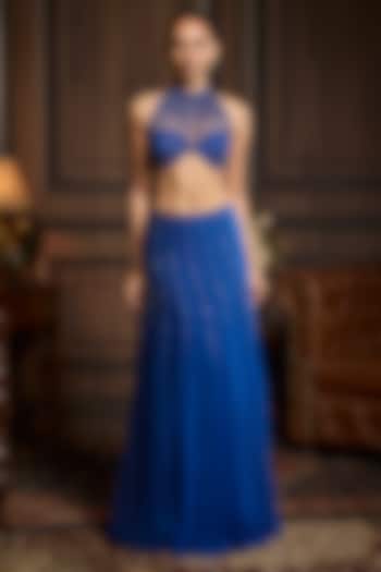 Electric Blue Tulle Georgette Embellished Panel Skirt Set by DiyaRajvvir at Pernia's Pop Up Shop