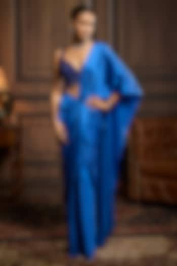 Electric Blue Armani Satin Dhoti Skirt Wedding Saree Set by DiyaRajvvir at Pernia's Pop Up Shop
