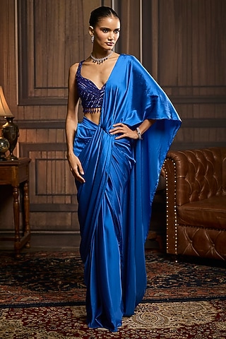 Electric Blue Armani Satin Dhoti Skirt Saree Set by DiyaRajvvir