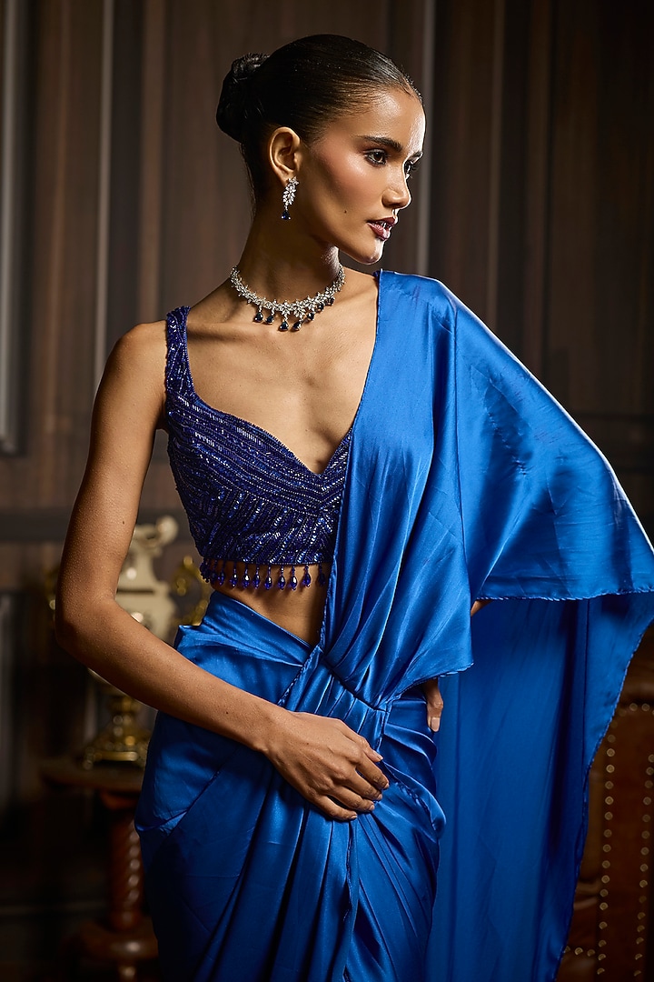 Electric Blue Armani Satin Dhoti Skirt Wedding Saree Set by DiyaRajvvir at Pernia's Pop Up Shop
