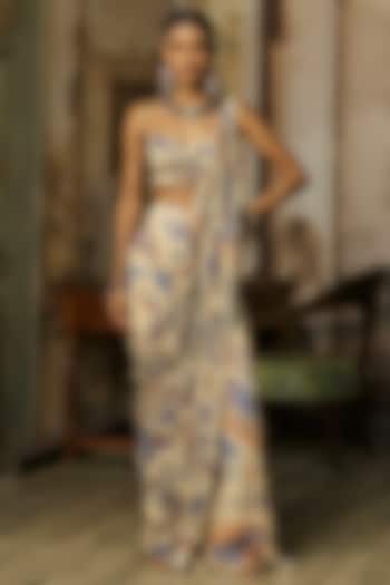 Ivory Crepe Featherfall Printed Draped Sharara Wedding Saree Set by DiyaRajvvir at Pernia's Pop Up Shop