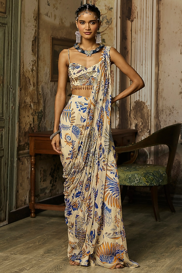 Ivory Crepe Featherfall Printed Draped Sharara Wedding Saree Set by DiyaRajvvir at Pernia's Pop Up Shop