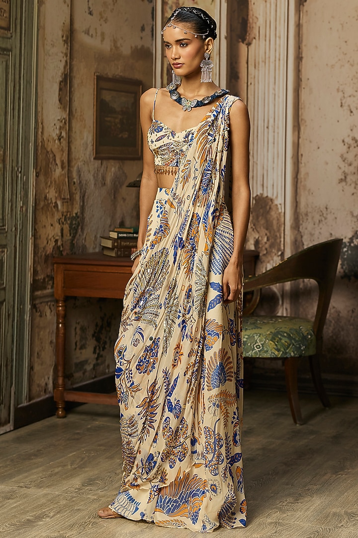 Ivory Crepe Featherfall Printed Draped Sharara Wedding Saree Set by DiyaRajvvir at Pernia's Pop Up Shop