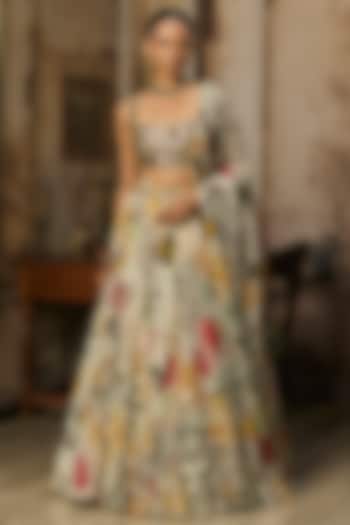 Ivory Organza Coral Veil Printed Wedding Lehenga Set by DiyaRajvvir at Pernia's Pop Up Shop